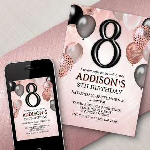 Invitation de ballons d'or Rose 8e anniversaire
