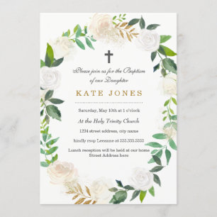 Invitation de baptême à la couronne florale dorée