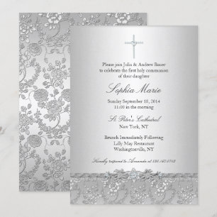 Invitation de baptême à la croix de rose argentée
