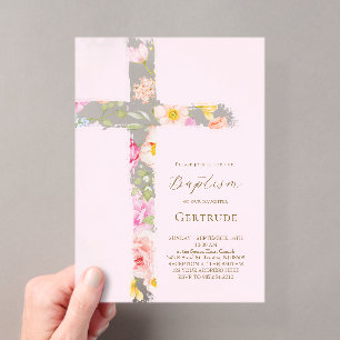 Invitation de baptême à la croix florale aquarelle