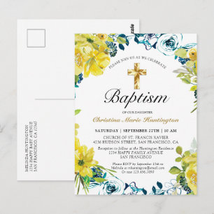 Invitation de baptême à la croix florale dorée jau