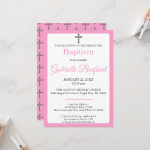 Invitation de baptême à l'aquarelle croix rose et