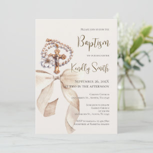 Invitation de baptême avec nœud et chapelet