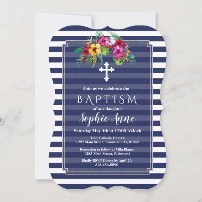 Invitation de baptême bleu marine Luau floral trop (Devant)