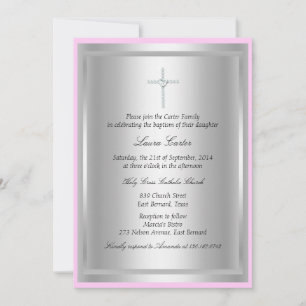 Invitation de baptême croix diamant rose