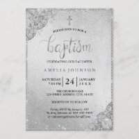 Invitation de baptême Croix en dentelle de diamant