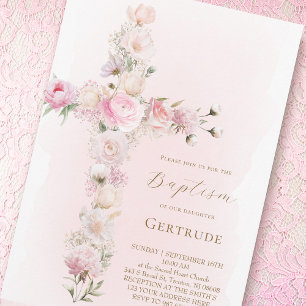 Invitation de baptême croix florale rose aquarelle