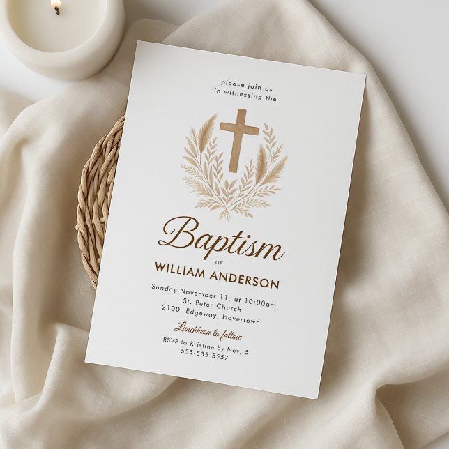 Invitation de baptême élégante avec croix dorée et (Elegant baptism invitation with a gold cross and olive wreath, perfect for a baby boy.)