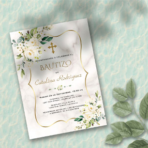 Invitation de baptême espagnol Marbre floral blanc