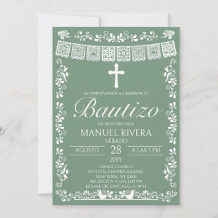Invitation de baptême espagnol Sage Green Papel Pi