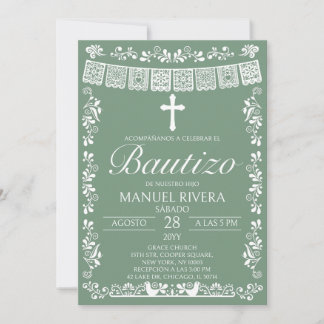 Invitation de baptême espagnol Sage Green Papel Pi