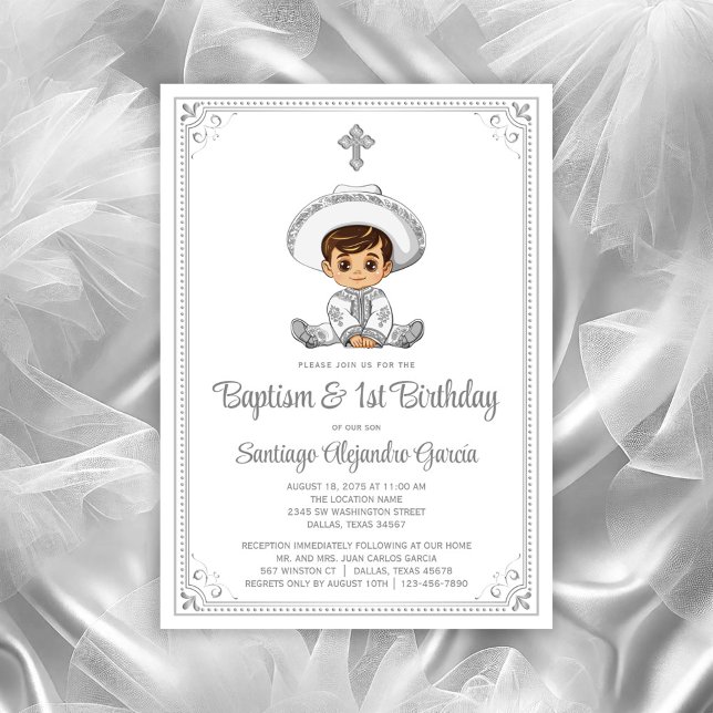 Invitation de baptême et d'anniversaire pour bébé  (Baby charro invitation, you can change all text, move/remove baby, move/remove cross as needed.)