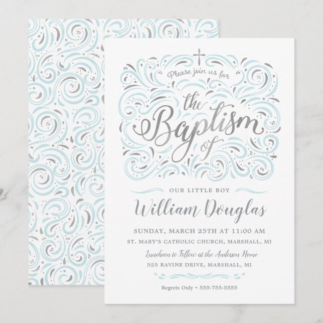 Invitation de baptême Faux Silver Boy (Devant / Derrière)