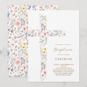 Invitation de baptême fleurs aquarelle croix