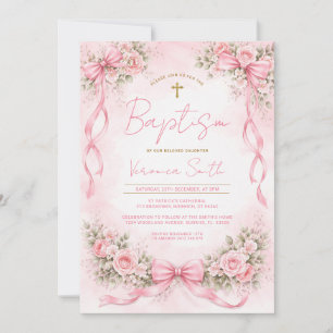 Invitation de baptême floral à ruban rose pour fil