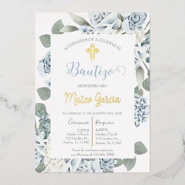 Invitation de baptême floral bleu poussiéreux en e (Recto)