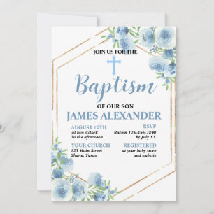 Invitation de baptême florale bleu pastel élégante