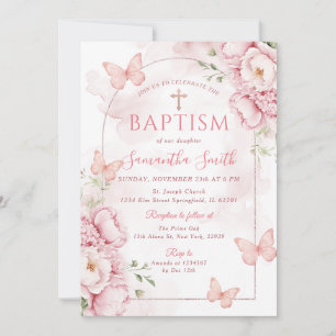 Invitation de baptême florale rose avec papillons