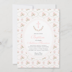 Invitation de baptême florale rose, baptême de fil