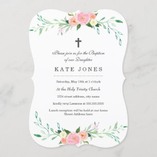 Invitation de baptême florale rose douce