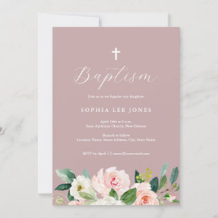 Invitation de baptême florale rose poussiéreuse