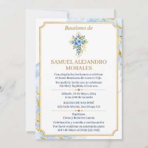 Invitation de baptême garçon Bleu Floral Croix Or