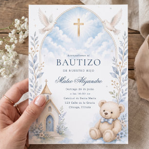 Invitation de baptême garçon Ourson aquarelle bleu