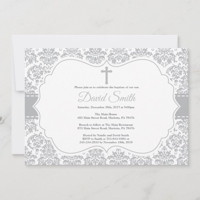 Invitation de baptême gris damas (Devant)