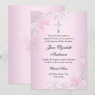 Invitation de baptême jolie papillon rose tourbill