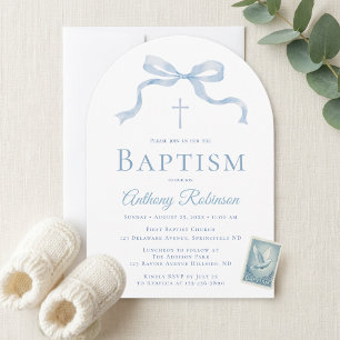 Invitation de baptême moderne avec ruban bleu pour
