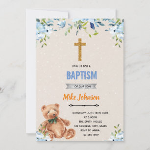 Invitation de baptême ours fleur bleue