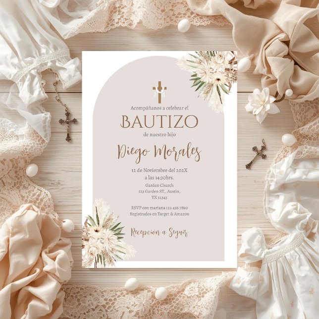 Invitation de baptême pour garçon beige (Créateur téléchargé)