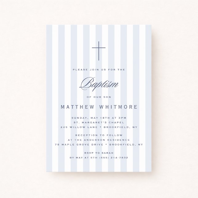 Invitation de baptême pour garçon rayée bleu clair (Créateur téléchargé)