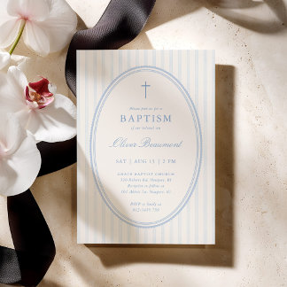 Invitation de baptême rayée bleue