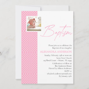 Invitation de baptême rose avec photo et Pois