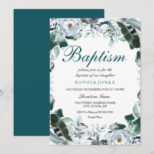 Invitation de baptême vert sarcelle à l'aquarelle 