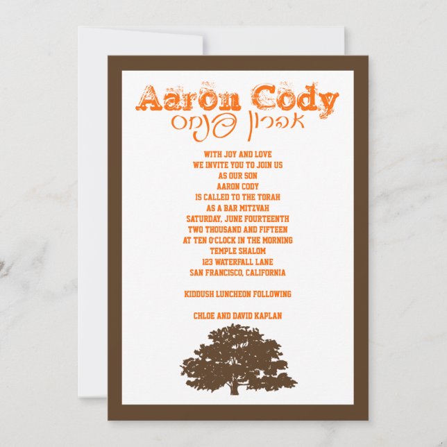 Invitation de Bar Mitzvah Aaron Tree of Life Orang (Devant)