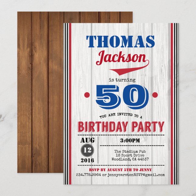 Invitation de base-ball adulte 50ème anniversaire. (Devant / Derrière)