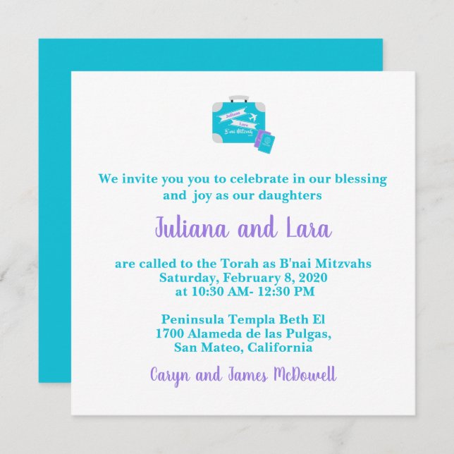 Invitation de Bat mitzvah à thème Voyage (Devant / Derrière)