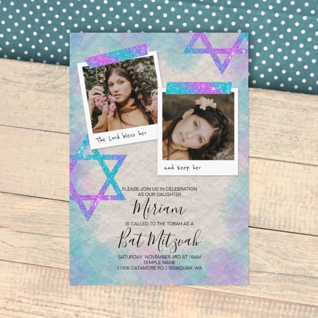 Invitation de Bat mitzvah de scrapbook rose et tur (sparkly glitter stars, turquoise and pink bat mitzvah party invitation, 12th birthday)