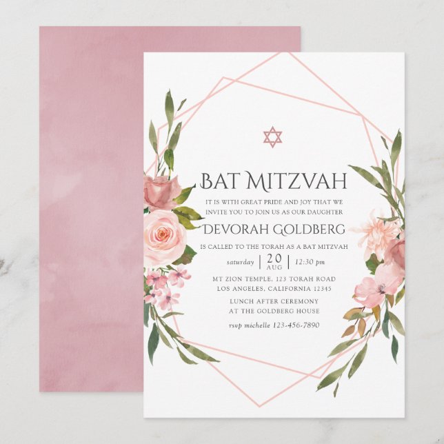 Invitation de Bat mitzvah floral rose (Devant / Derrière)