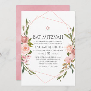 Invitation de Bat mitzvah floral rose