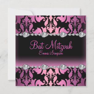 Invitation de Bat Mitzvah Pink & Black Damask & Di