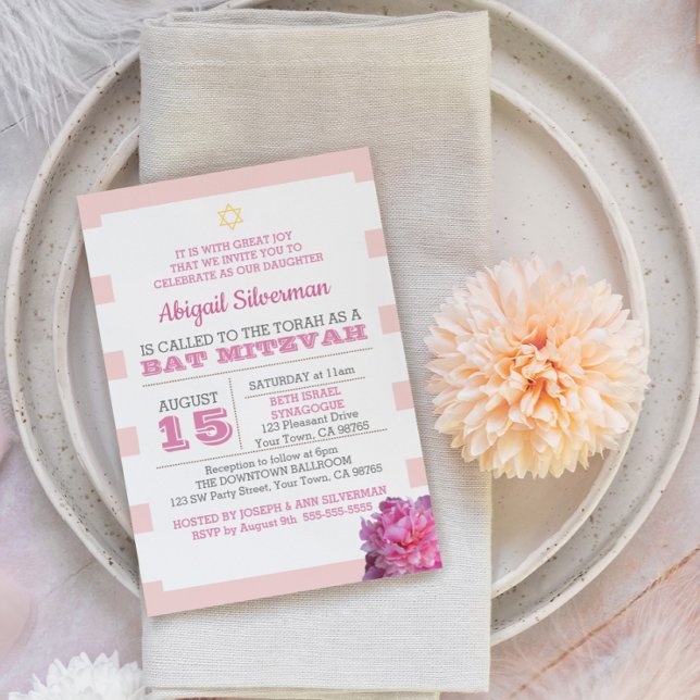 Invitation de Bat mitzvah Pink Stripe et Peony (Créateur téléchargé)