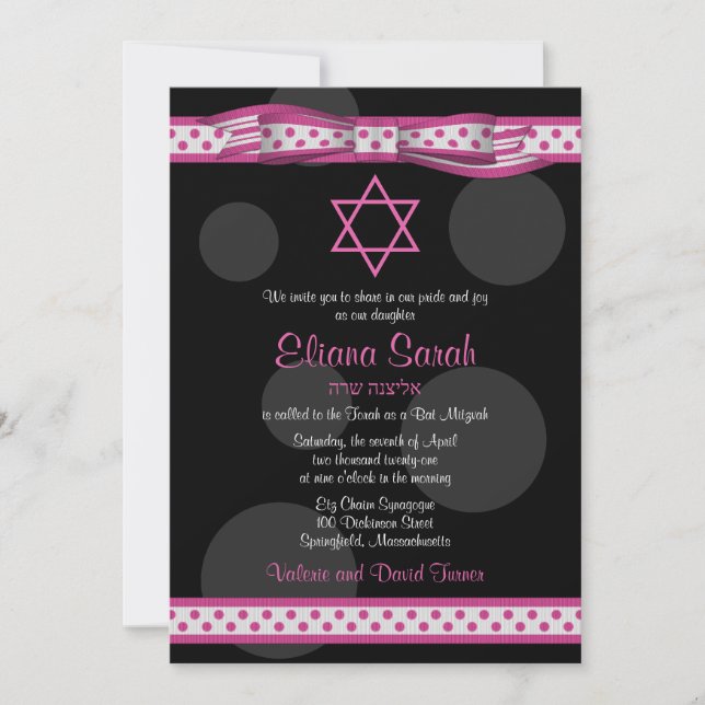 Invitation de Bat mitzvah Pois noir rose (Devant)