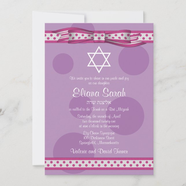 Invitation de Bat mitzvah Pois Pink Purple (Devant)