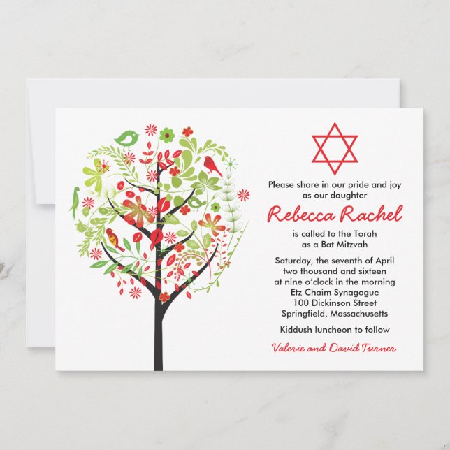 Invitation de Bat mitzvah Red Green Tree of Life (Devant)