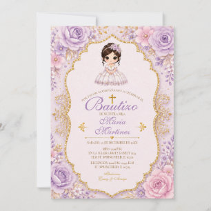 Invitation de Bautizo Fleurie Lavande pour Fille a
