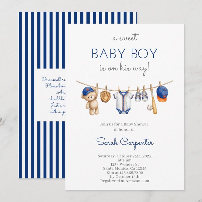 Invitation de bébé garçon de shower de baseball mo (Devant / Derrière)