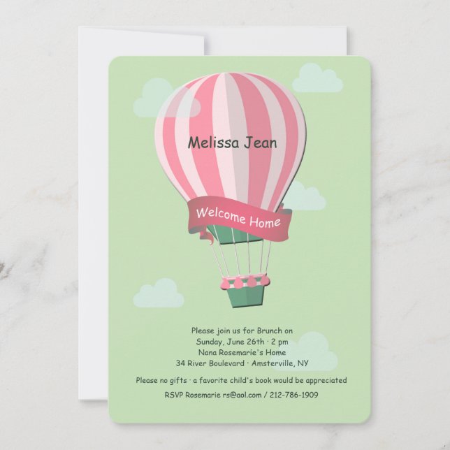 Invitation de bienvenue pour bébé en montgolfière (Devant)